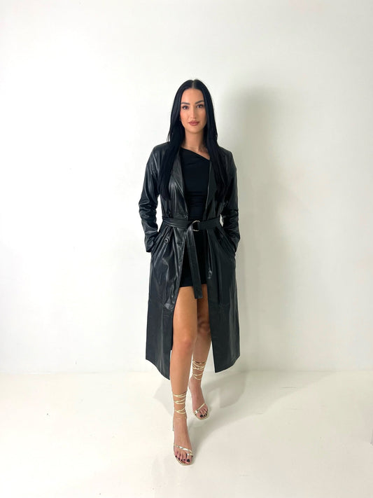 Daphne Faux Leather Black Trench Coat