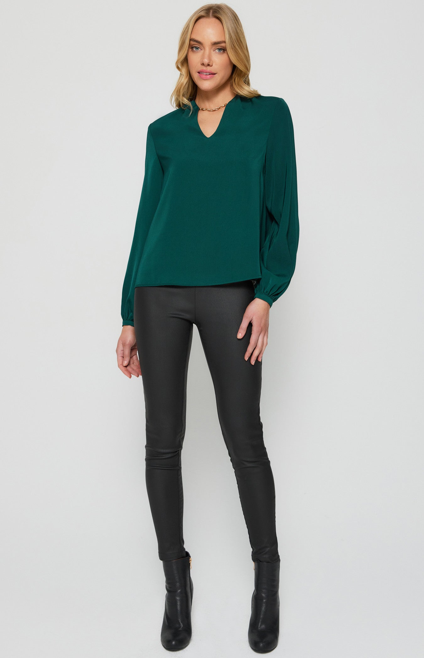 Emerald Pleated Shoulder Top with Chain Neckline Detail