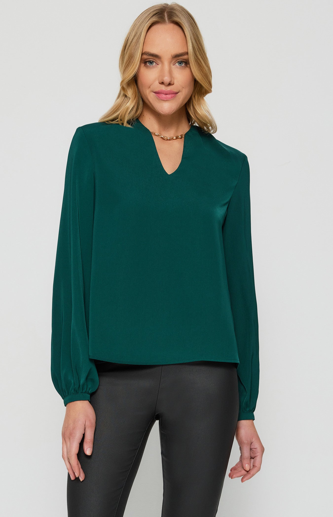 Emerald Pleated Shoulder Top with Chain Neckline Detail