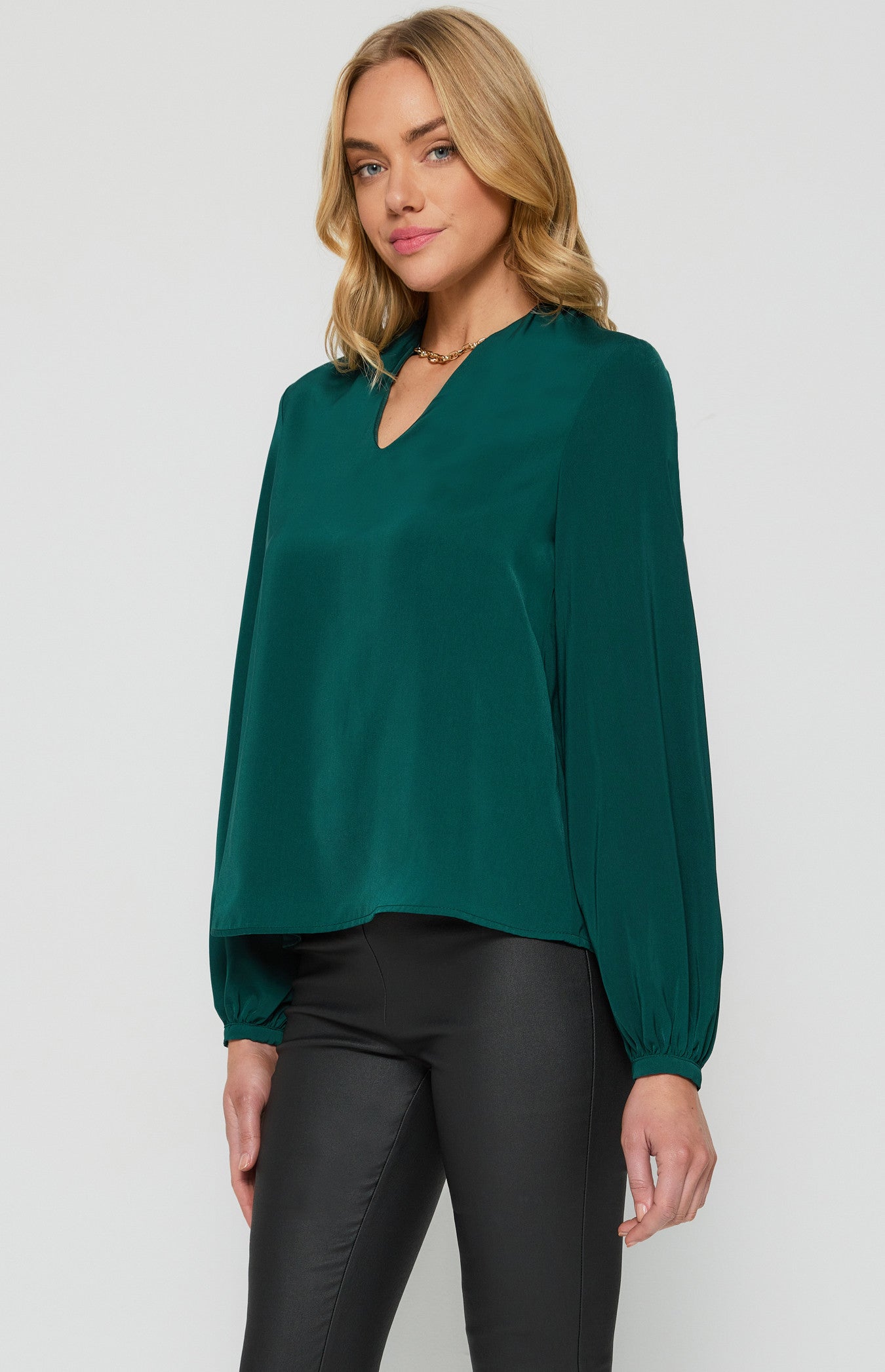 Emerald Pleated Shoulder Top with Chain Neckline Detail