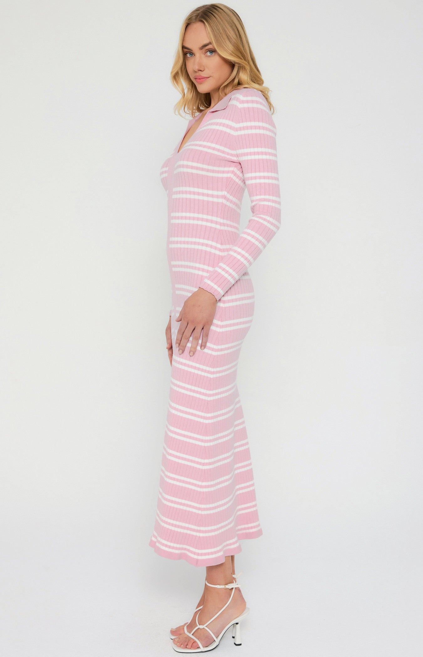 Pink Collared Striped Knit Midi Dress with Front Split