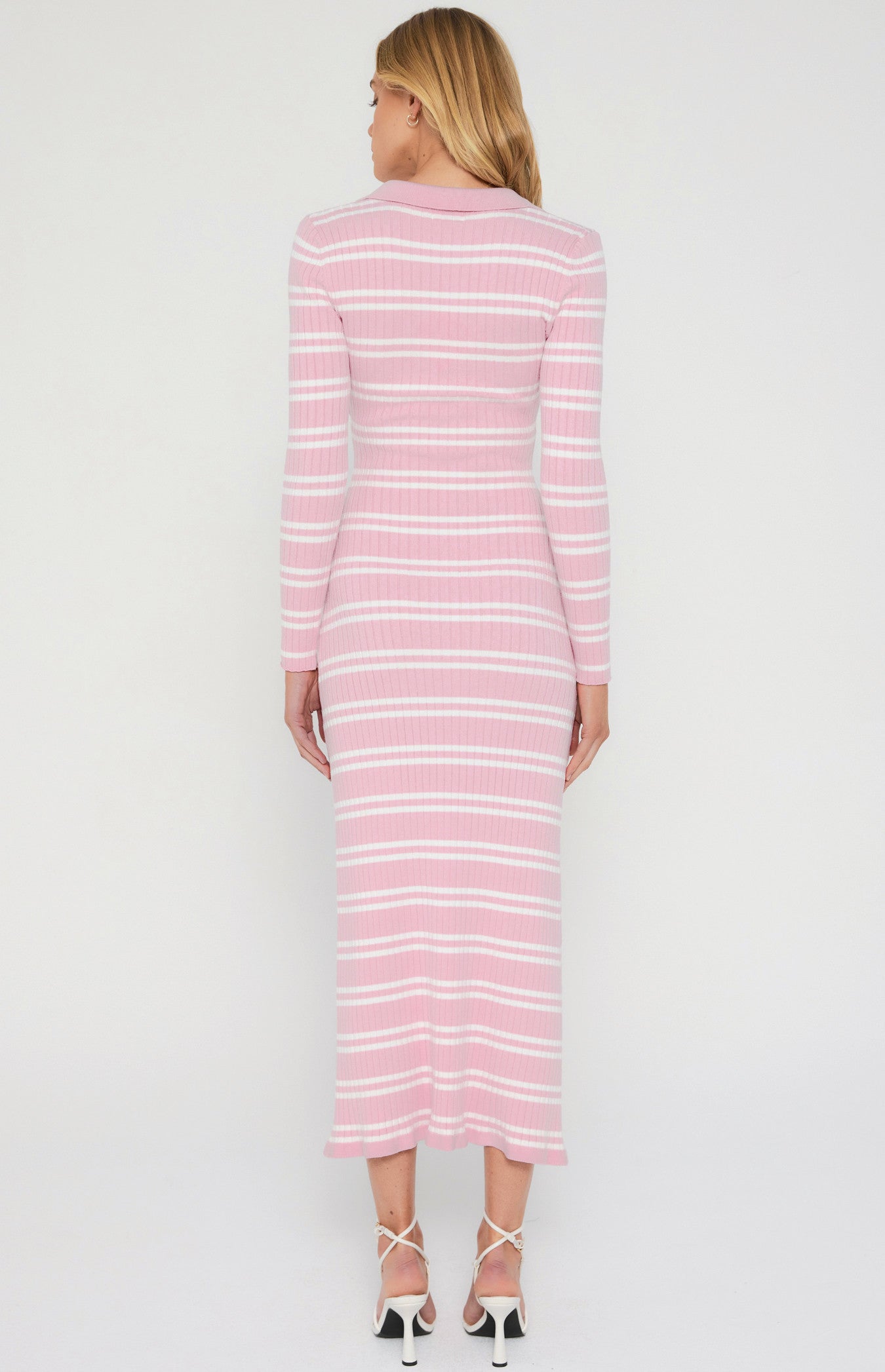 Pink Collared Striped Knit Midi Dress with Front Split