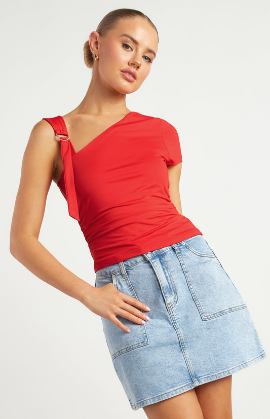 Red Buckle Shoulder Detail Ruched Jersey Top