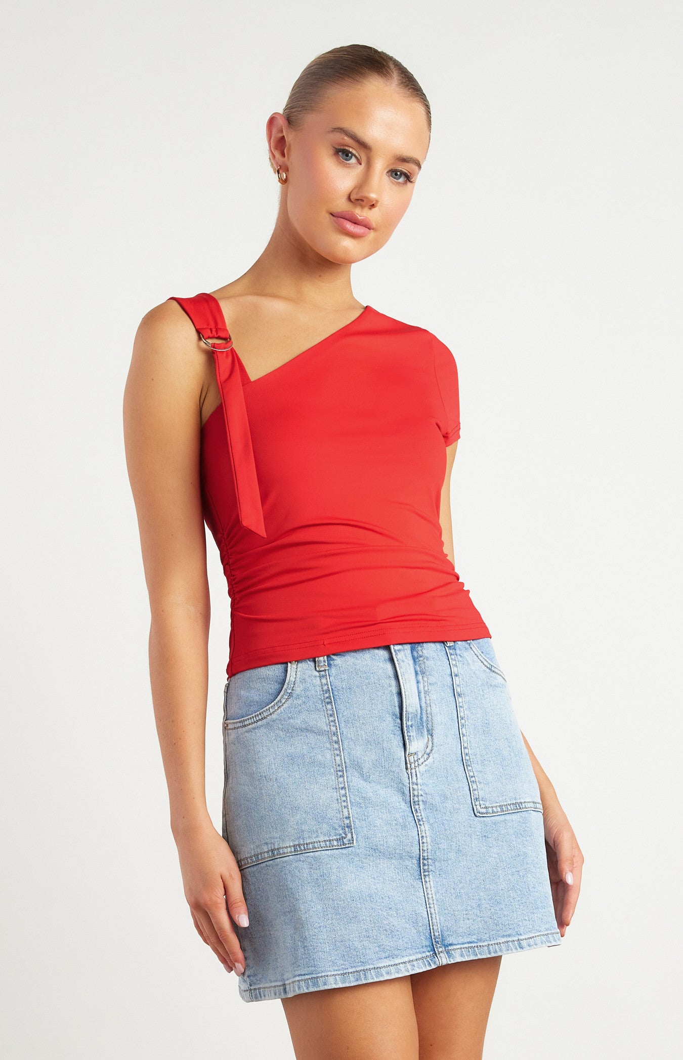 Red Buckle Shoulder Detail Ruched Jersey Top