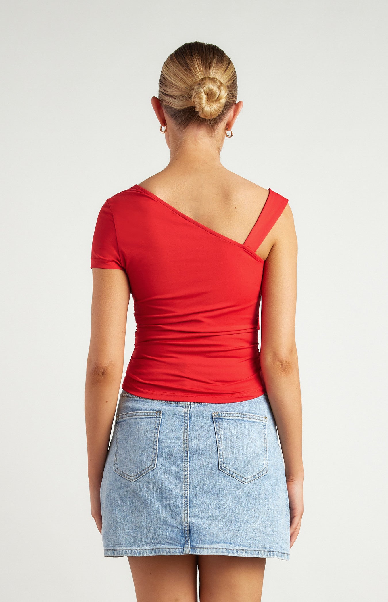 Red Buckle Shoulder Detail Ruched Jersey Top